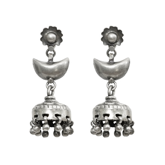 Sitara Handcrafted Stamped & Embossed Silver Jhumkas with Bead Detailing