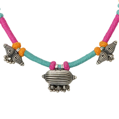 Rangeela Handmade Silver Necklace with Handcrafted Beads & Multicolored Bandhai Thread Work