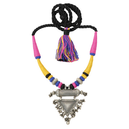 Rangeela Handmade Silver Necklace with Stamping, Handcrafted Beads, Ghungroos & Multicolored Bandhai Thread