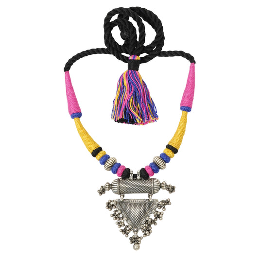Rangeela Handmade Silver Necklace with Stamping, Handcrafted Beads, Ghungroos & Multicolored Bandhai Thread