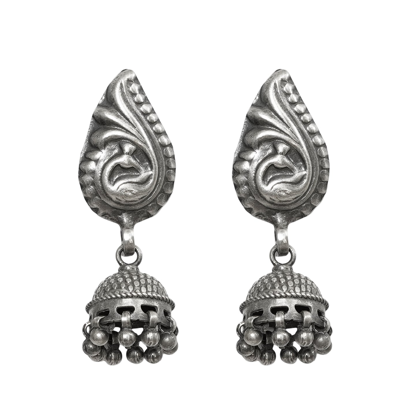 Sitara Handcrafted Stamped & Embossed Silver Jhumkas