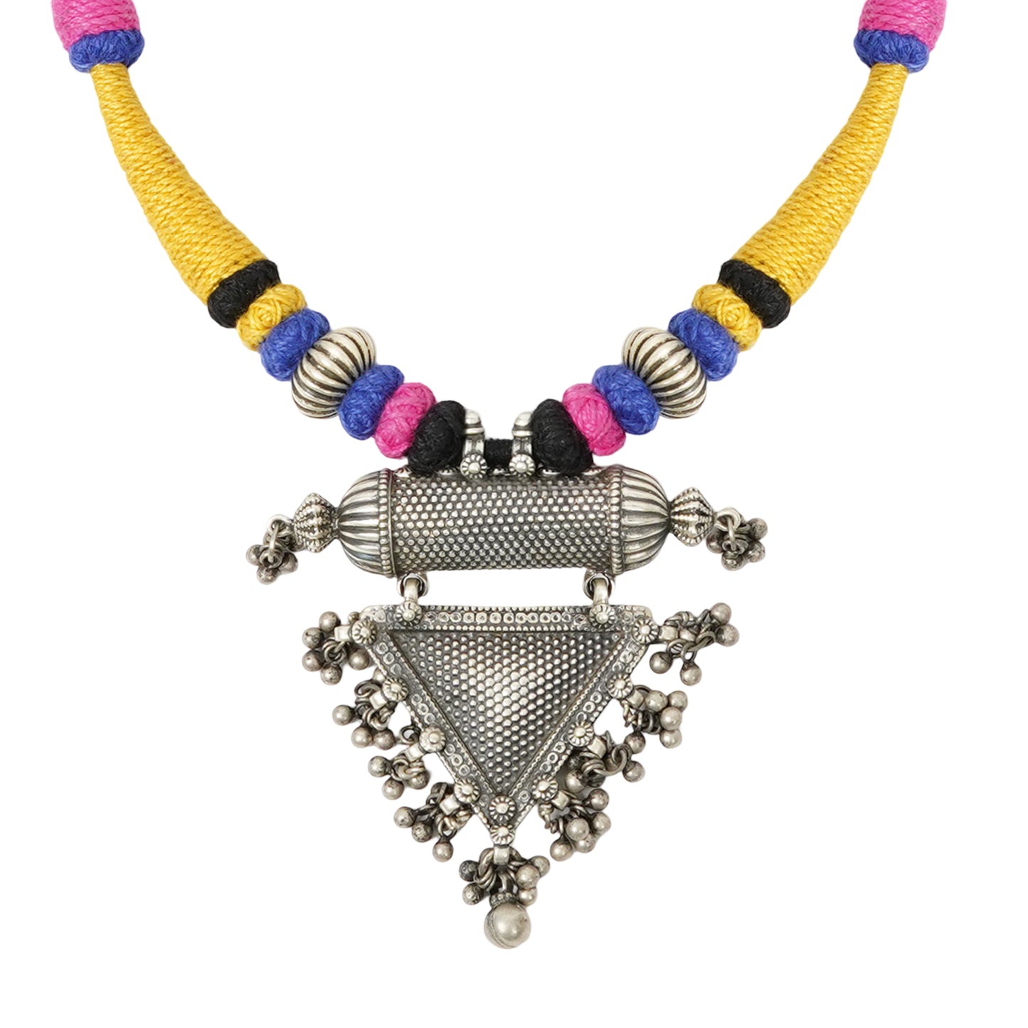 Rangeela Handmade Silver Necklace with Stamping, Handcrafted Beads, Ghungroos & Multicolored Bandhai Thread