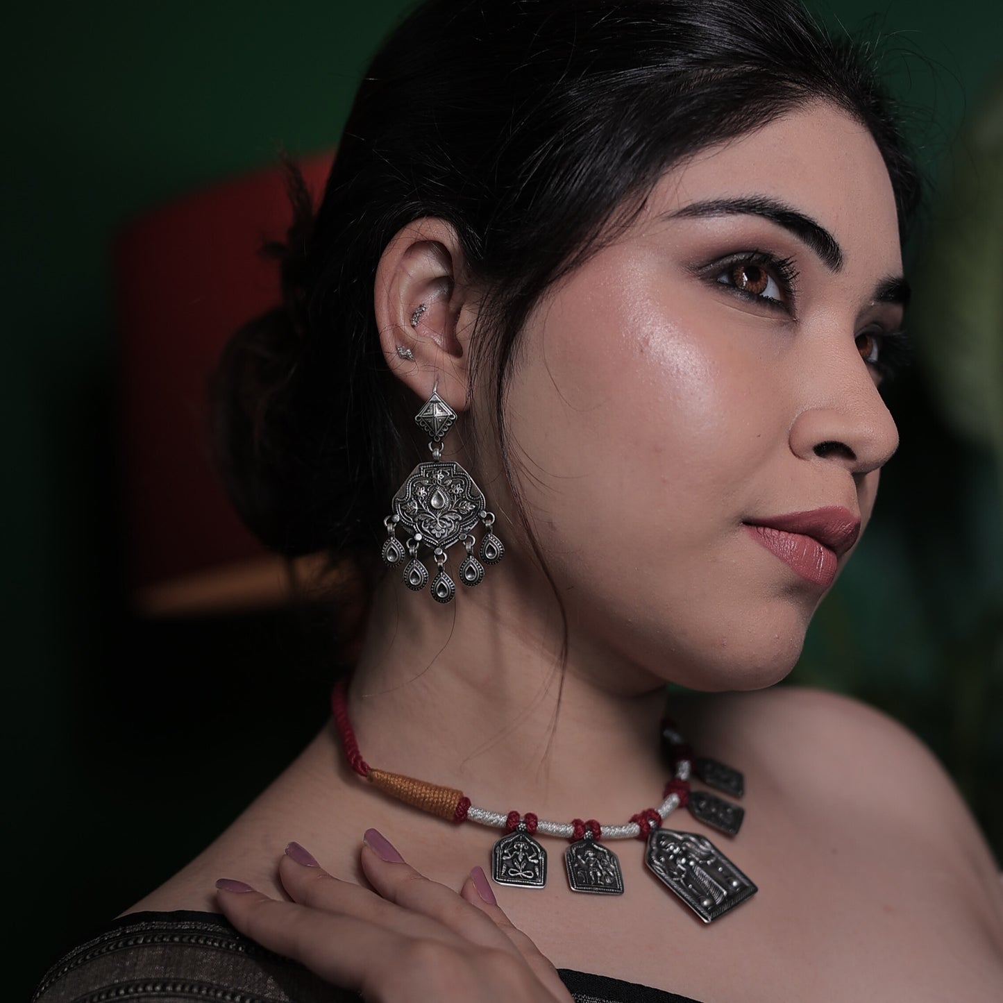Devi Stamping Silver Earrings with Hook Closure