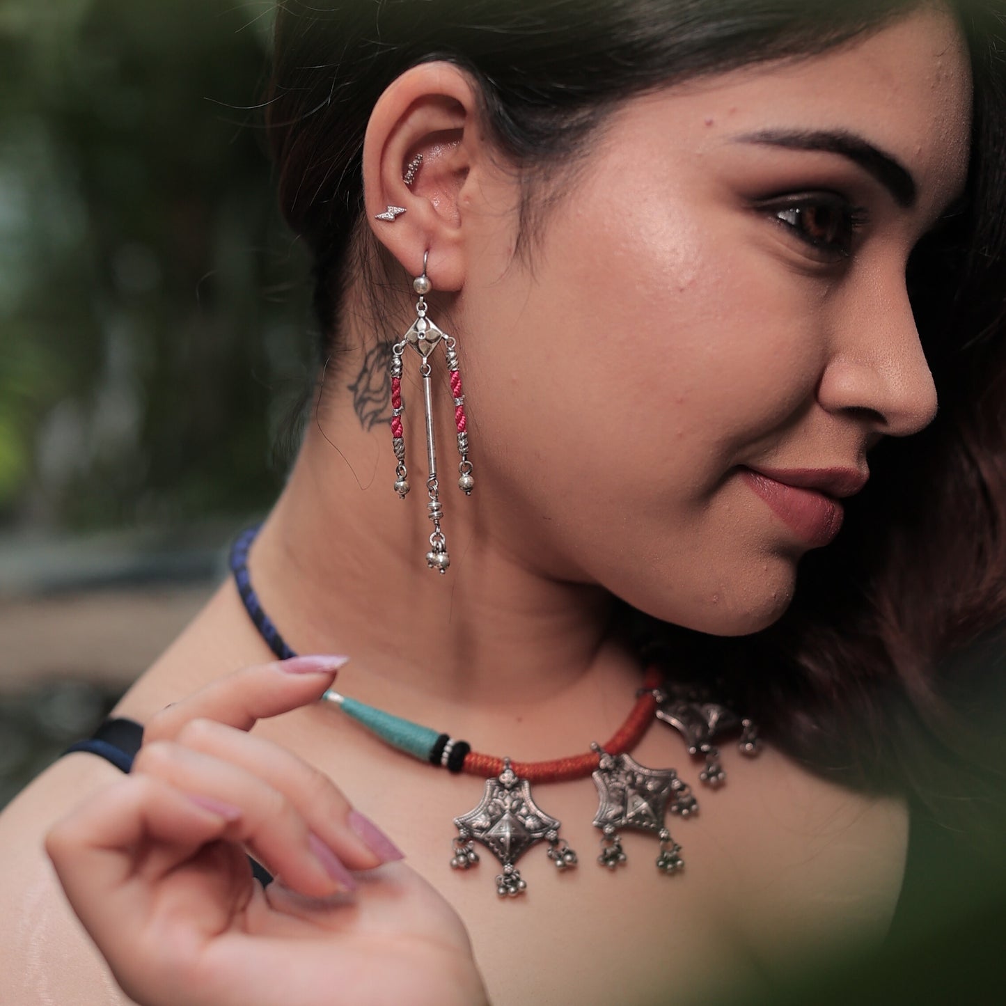 Rangeela Handmade Silver Necklace with Stamping, Ghungroos & Teal, Orange, Black Bandhai Thread