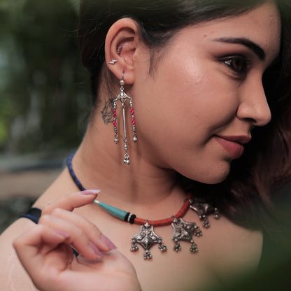 Rangeela Handmade Silver Necklace with Stamping, Ghungroos & Teal, Orange, Black Bandhai Thread