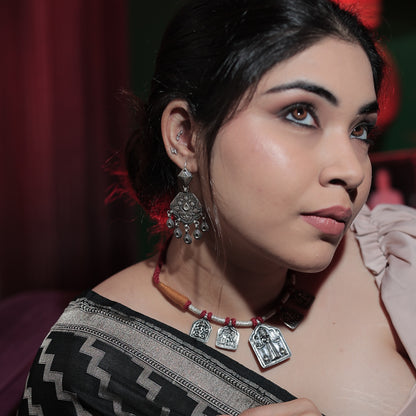 Rangeela Handcrafted Silver Earrings – Stamped Design, Hook Closure, Ethnic Boho Jewelry