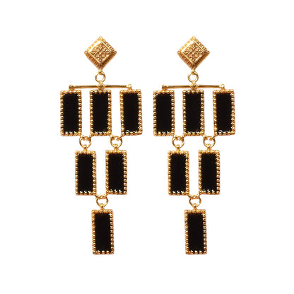 Deco Mosaic 18K gold-plated chandelier earrings in black enamel on white background — Studio Anivarya