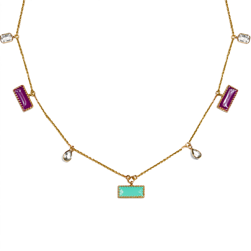 Deco Mosaic 18K gold-plated charm necklace — close-up of turquoise and purple enamel charms with cubic zirconia detailing — Studio Anivarya