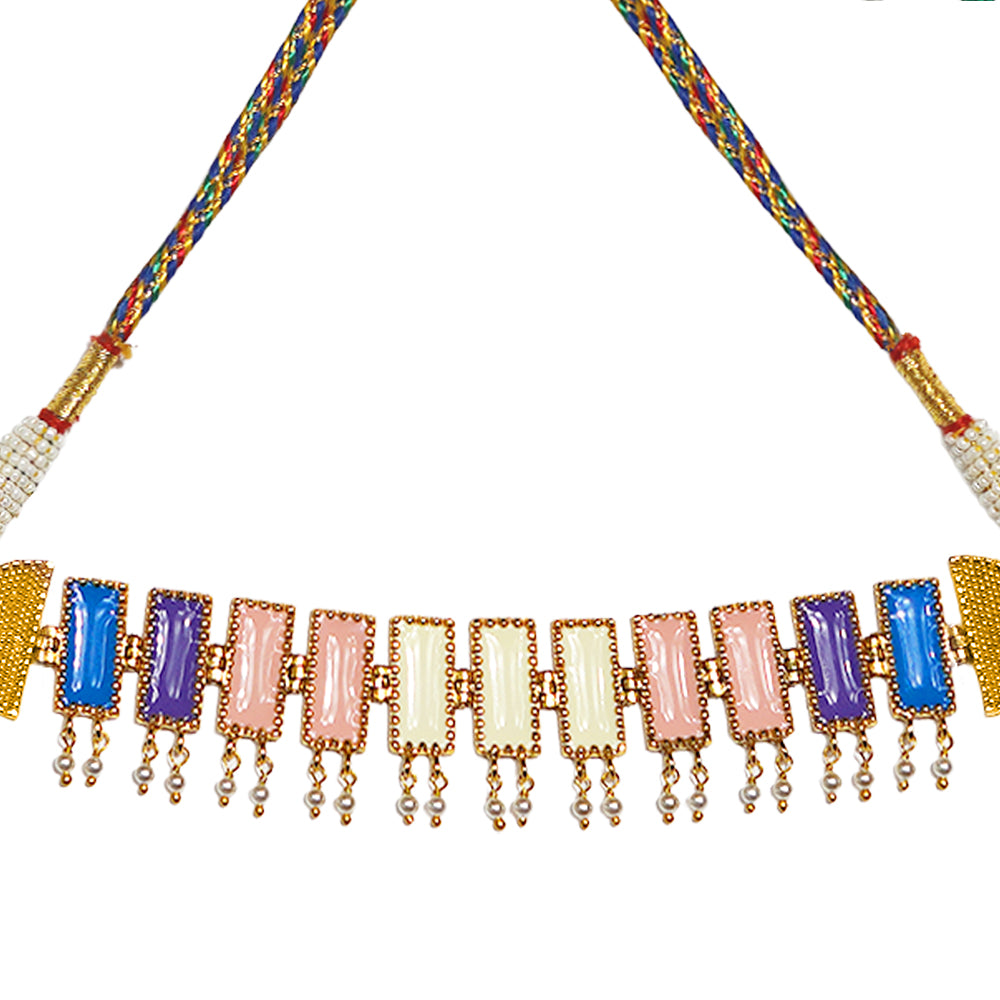 Close-up of Deco Mosaic 18K gold-plated choker necklace showing ivory, dusty pink, royal blue and lilac rectangular enamel beads with gold threadwork detail on white background — Studio Anivarya