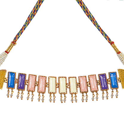 Close-up of Deco Mosaic 18K gold-plated choker necklace showing ivory, dusty pink, royal blue and lilac rectangular enamel beads with gold threadwork detail on white background — Studio Anivarya