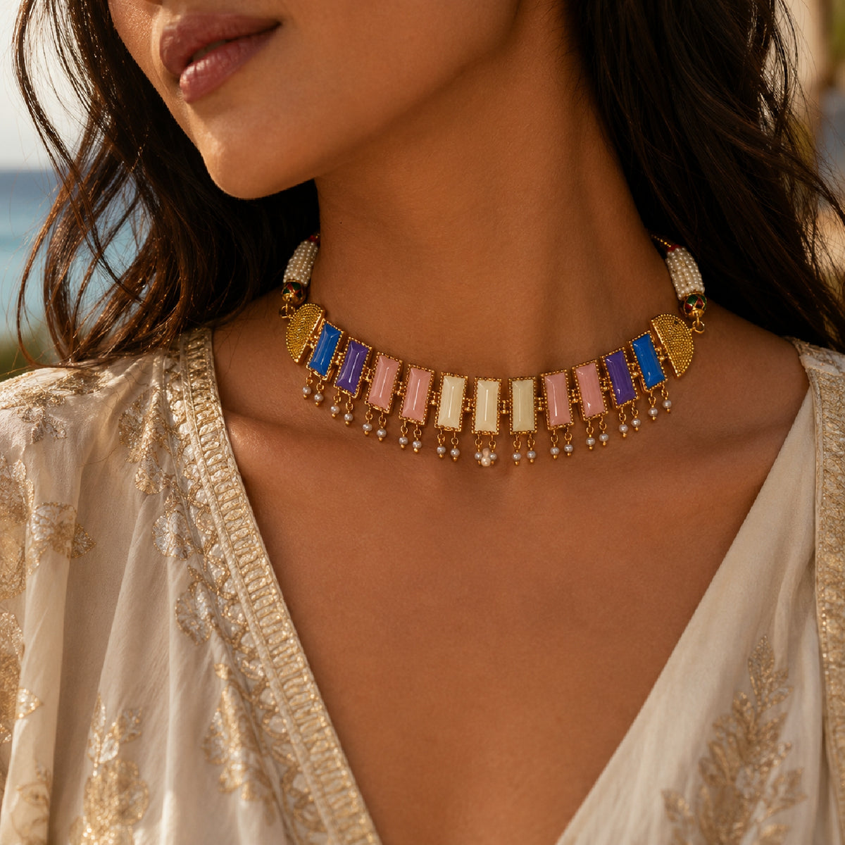 Deco Mosaic 18K gold-plated choker necklace in ivory, dusty pink, royal blue and lilac enamel worn in a close-up lifestyle shot against a warm beach background — Studio Anivarya