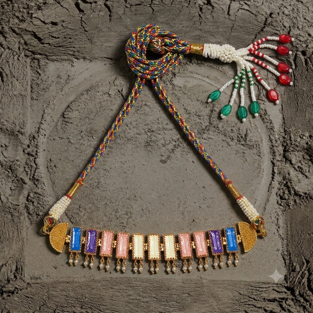 Deco Mosaic 18K gold-plated choker necklace in ivory, dusty pink, royal blue and lilac enamel with multicoloured threadwork cord, gold bead dangles and tassel on textured grey background — Studio Anivarya