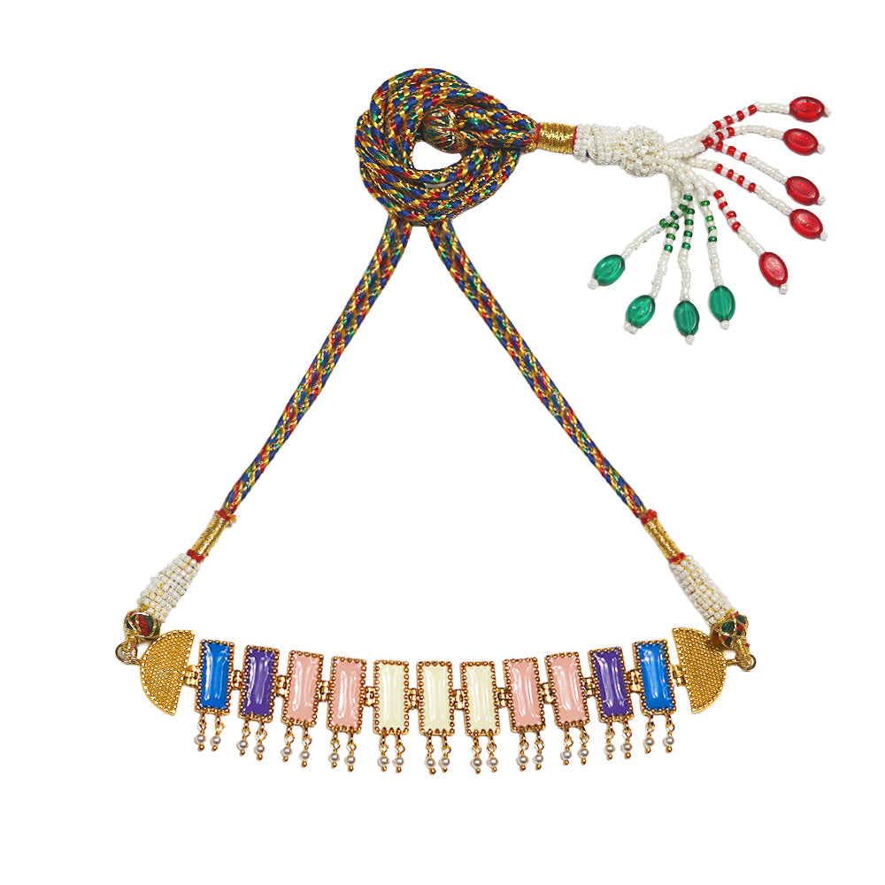 Deco Mosaic 18K gold-plated choker necklace in ivory, dusty pink, royal blue and lilac enamel with multicoloured threadwork tassels and bead embellishments on white background — Studio Anivarya