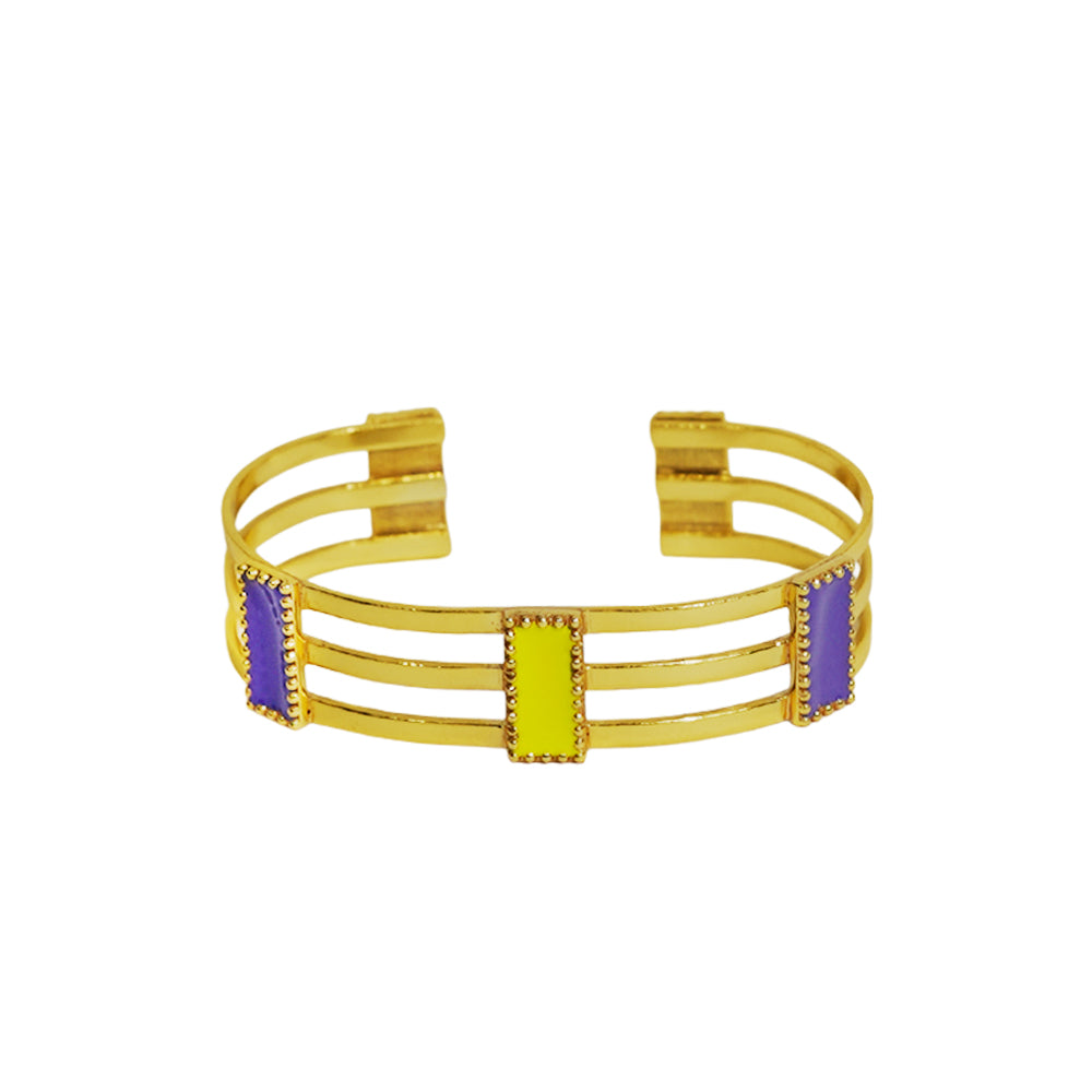 Deco Mosaic 18K gold-plated cuff bracelet in lilac and citrus yellow enamel — alternate view highlighting lilac enamel on white background — Studio Anivarya