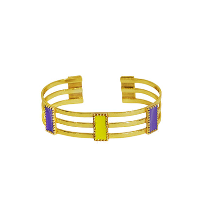 Deco Mosaic 18K gold-plated cuff bracelet in lilac and citrus yellow enamel — alternate view highlighting lilac enamel on white background — Studio Anivarya