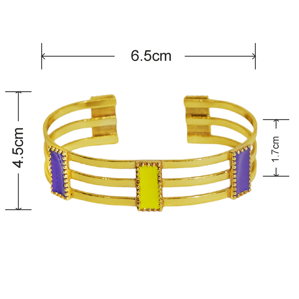 Deco Mosaic 18K gold-plated cuff bracelet in lilac and citrus yellow enamel showing dimensions — 6.5 x 4.5 cm diameter, 1.7 cm width — Studio Anivarya