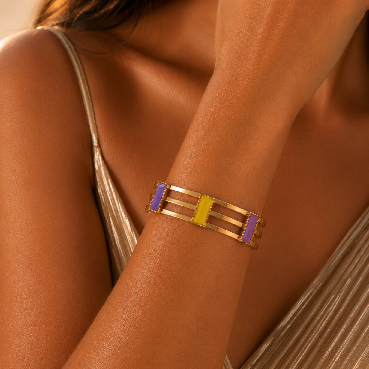 Deco Mosaic 18K gold-plated cuff bracelet in lilac and citrus yellow enamel worn with a matte gold Indian sari — evening wear model shot — Studio Anivarya