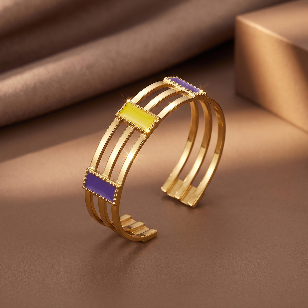 Deco Mosaic 18K gold-plated cuff bracelet in lilac and citrus yellow enamel — mood shot — Studio Anivarya