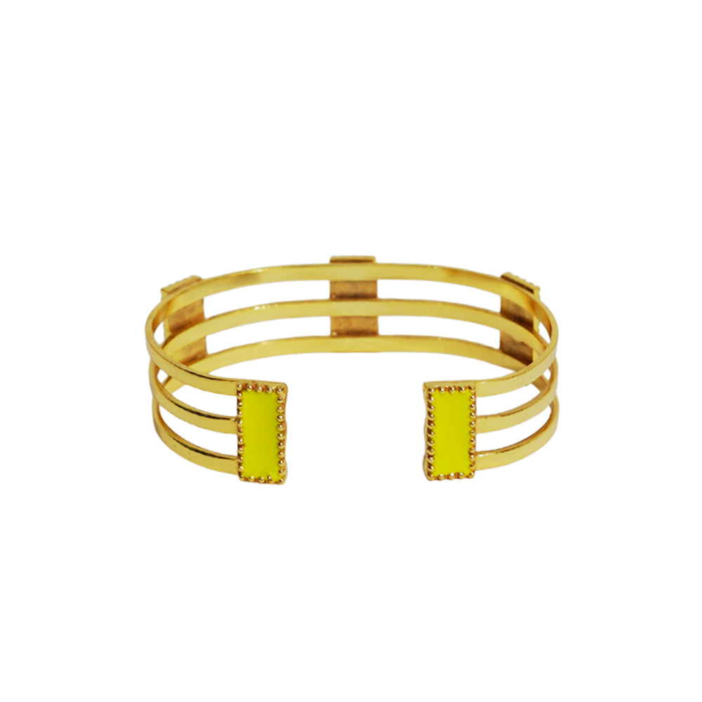 Deco Mosaic 18K gold-plated cuff bracelet in lilac and citrus yellow enamel on white background — Studio Anivarya