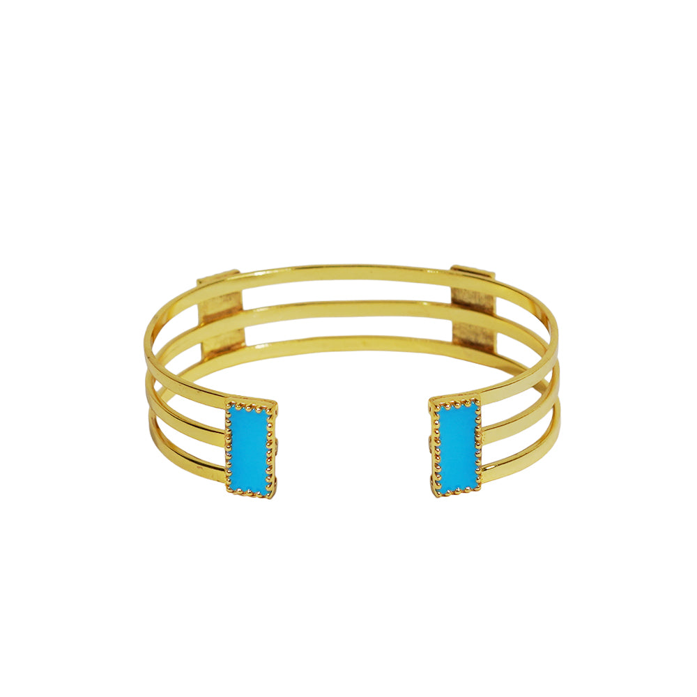 Deco Mosaic 18K gold-plated cuff bracelet in midnight blue and turquoise enamel on white background — Studio Anivarya