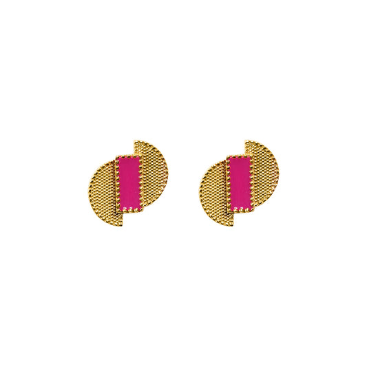 Deco Mosaic 18K gold-plated D-shape stud earrings with pink resin enamel on white background — Studio Anivarya