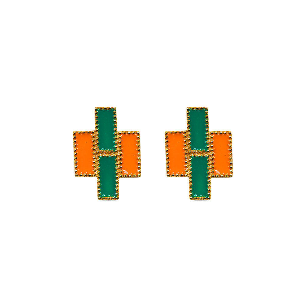 Deco Mosaic 18K gold-plated geometric stud earrings in coral and emerald green enamel on white background — Studio Anivarya