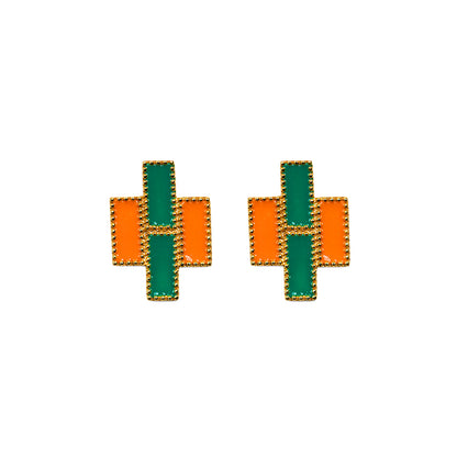 Deco Mosaic 18K gold-plated geometric stud earrings in coral and emerald green enamel on white background — Studio Anivarya