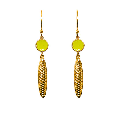 Deco Mosaic 18K gold-plated lime green enamel hook earrings on white background — Studio Anivarya
