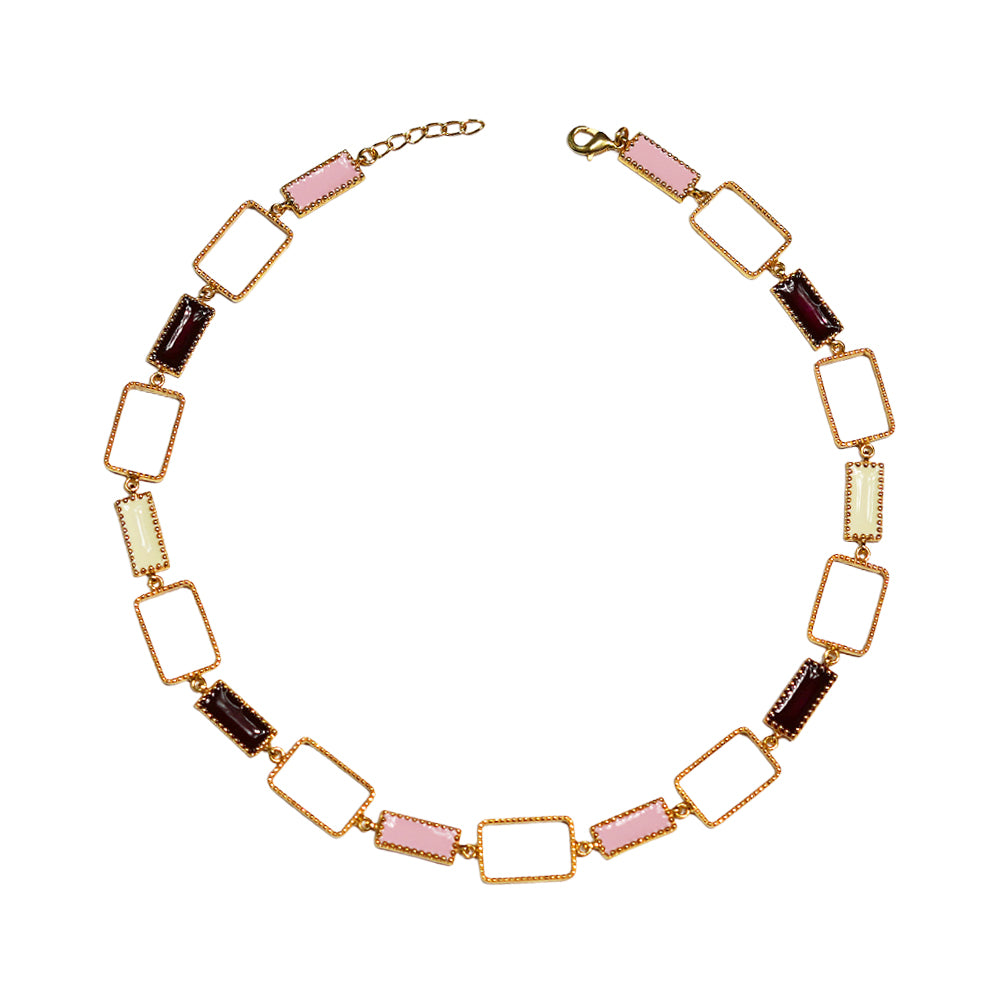 Deco Mosaic 18K gold-plated princess necklace in blush pink, maroon and ivory enamel on white background — Studio Anivarya