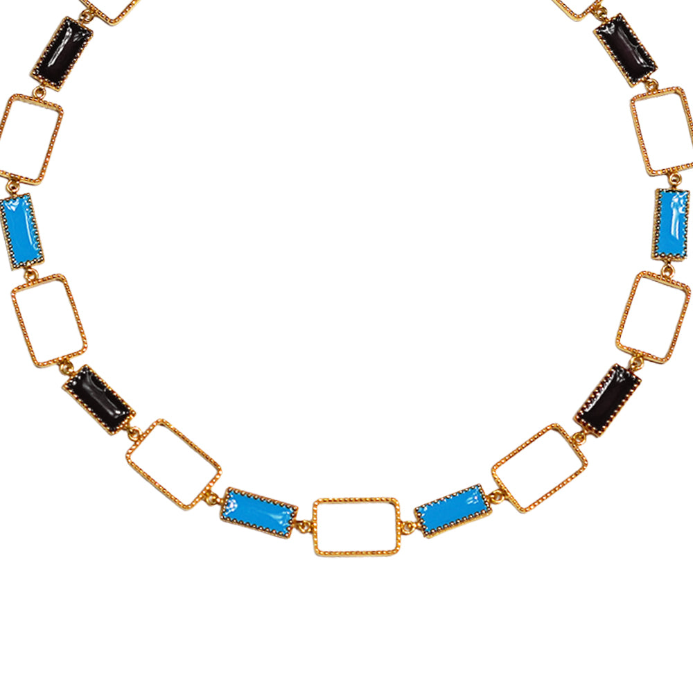 Deco Mosaic 18K gold-plated princess riviera necklace in black and turquoise blue enamel — detail view on white background — Studio Anivarya