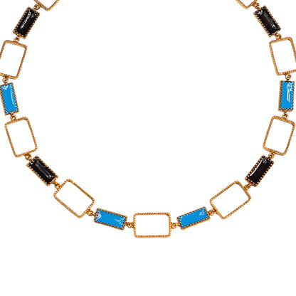 Deco Mosaic 18K gold-plated princess riviera necklace in black and turquoise blue enamel — detail view on white background — Studio Anivarya