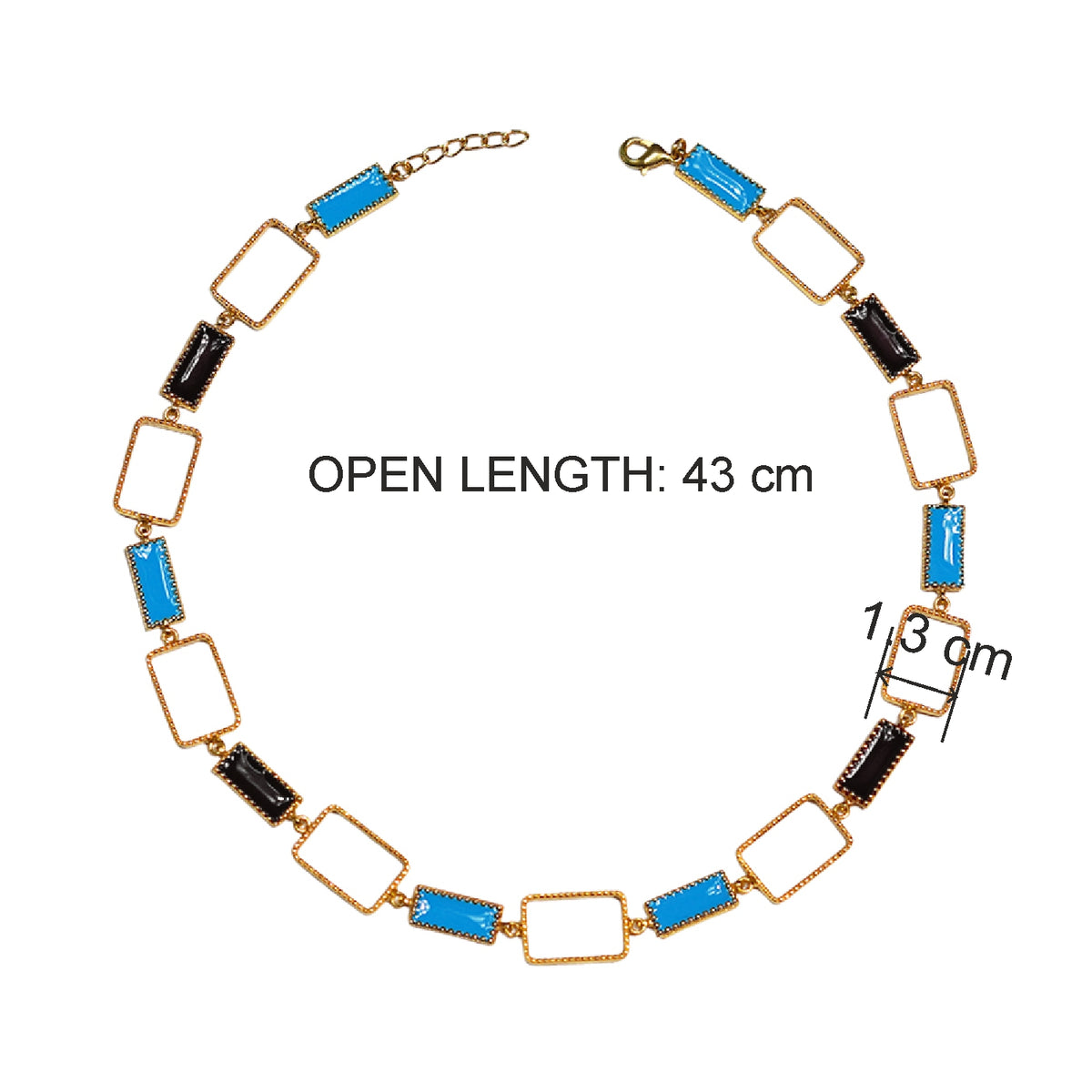 Deco Mosaic 18K gold-plated princess riviera necklace in black and turquoise blue enamel showing dimensions — 43 cm open length, 1.3 cm width — Studio Anivarya