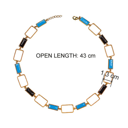 Deco Mosaic 18K gold-plated princess riviera necklace in black and turquoise blue enamel showing dimensions — 43 cm open length, 1.3 cm width — Studio Anivarya