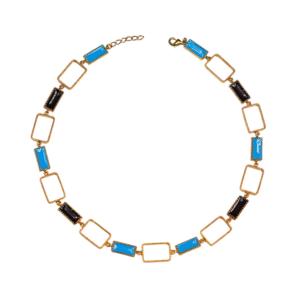 Deco Mosaic 18K gold-plated princess riviera necklace in black and turquoise blue enamel on white background — Studio Anivarya