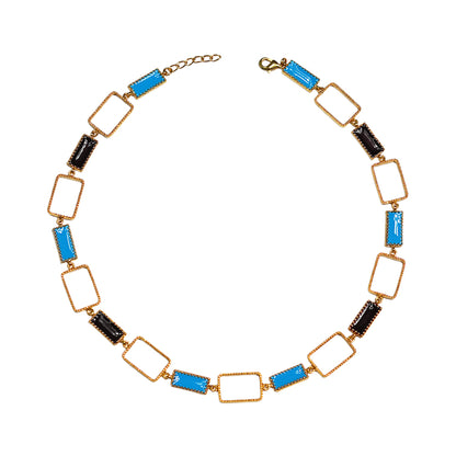 Deco Mosaic 18K gold-plated princess riviera necklace in black and turquoise blue enamel on white background — Studio Anivarya