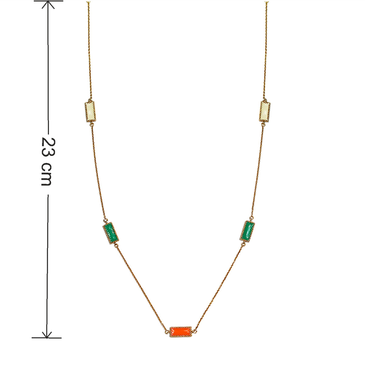 Close-up of Deco Mosaic 18K gold-plated rectangular enamel pendant necklace in ivory, orange and green showing 23 cm closed length from nape — Studio Anivarya