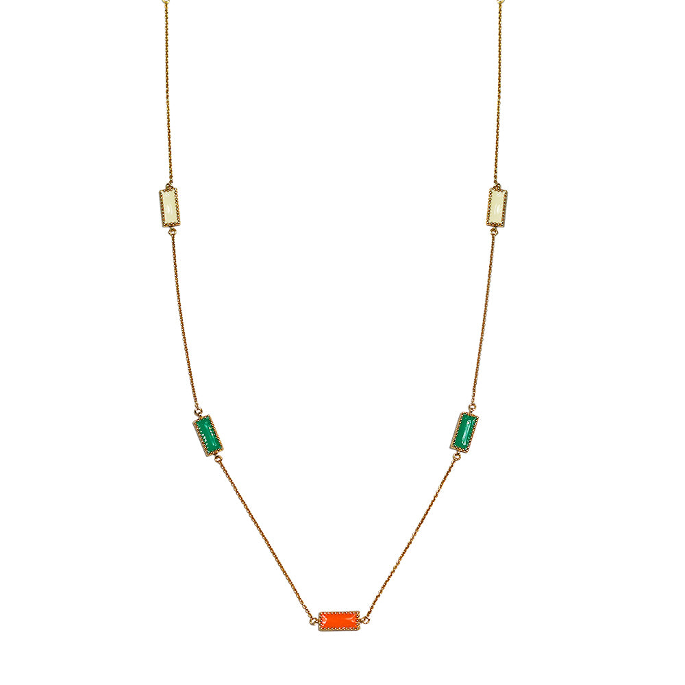  Deco Mosaic 18K gold-plated rectangular enamel pendant long chain necklace in white, orange and green on white background — Studio Anivarya