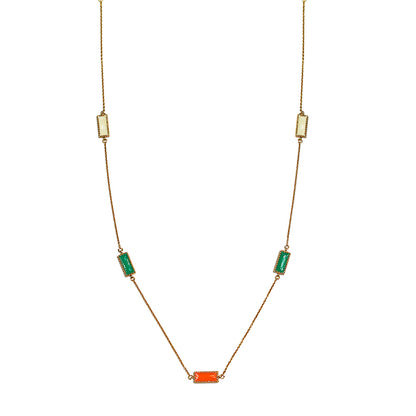  Deco Mosaic 18K gold-plated rectangular enamel pendant long chain necklace in white, orange and green on white background — Studio Anivarya