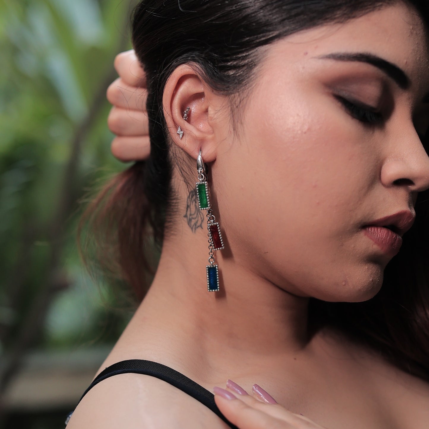 Sheesh Mahal Handcrafted Silver Danglers – 3-Layer Earrings with Meenakari & Silver Chains
