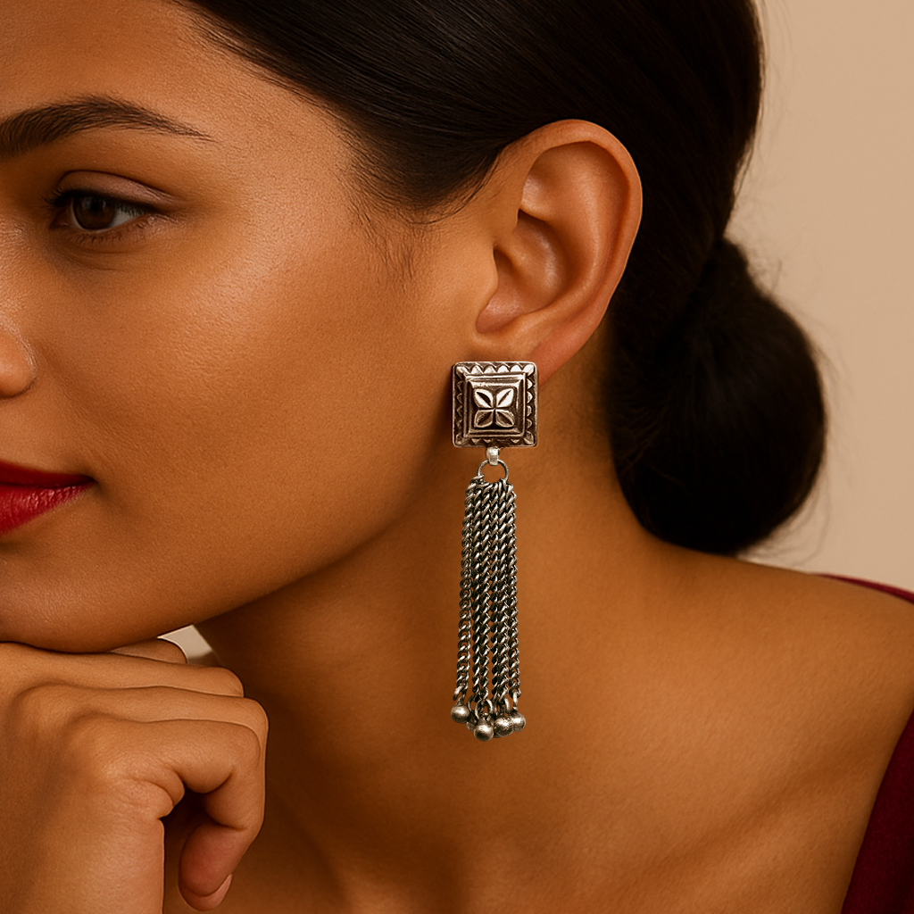 Taveez Handcrafted Stamped Silver Earrings with Chains & Ghungroos