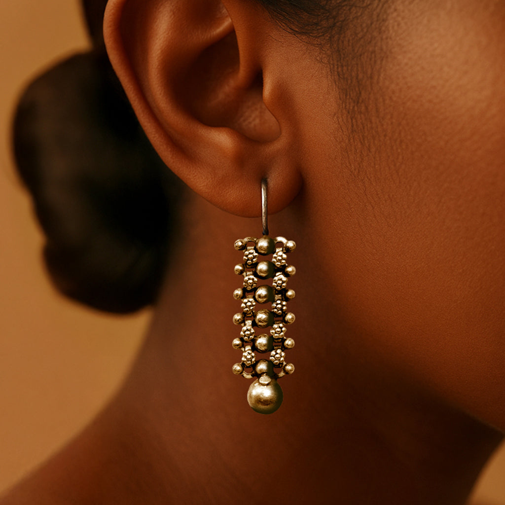 Sitara Handcrafted Stamped Silver Earrings with Beads – Elegant Hook Design