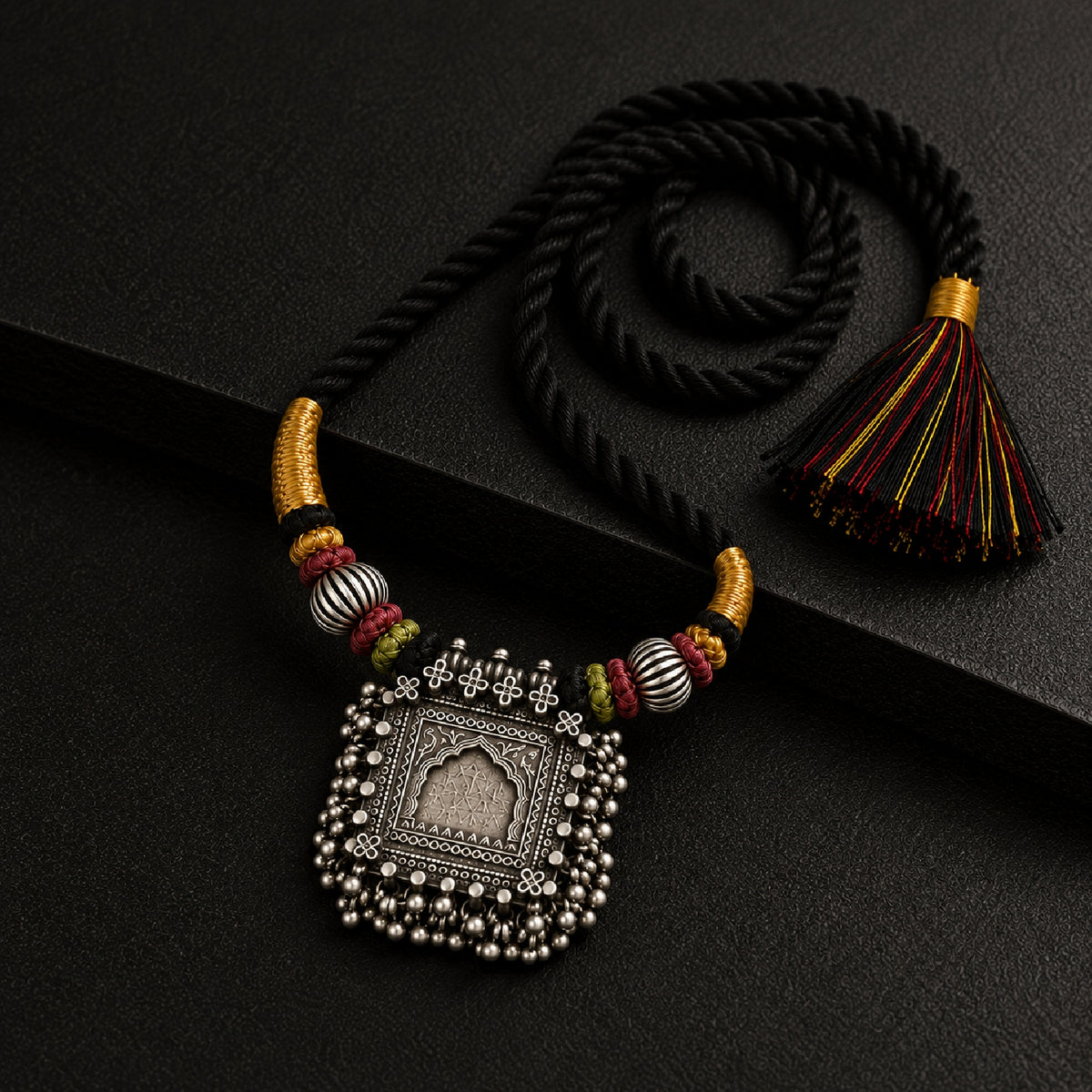 Taveez handcrafted silver necklace with gold-foiled glass pendant in silver frame and ochre, red and black Bandhai threadwork — mood shot on textured charcoal background — Studio Anivarya